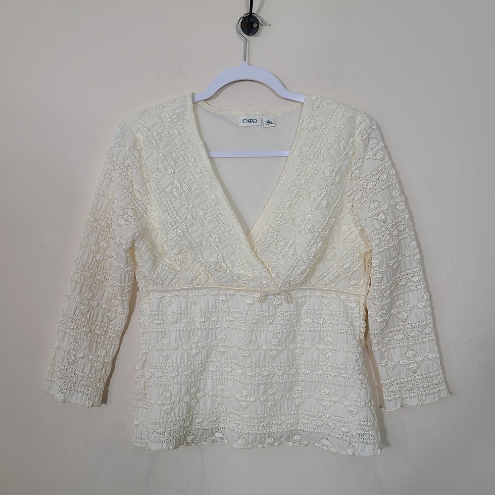 Vtg Cato Cream Lace Babydoll 3/4 Sleeve Top M Cottagecore Vanilla Fairy Peasant